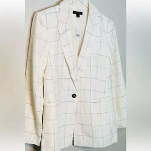Ann Taylor White Black Windowpane Line Cotton Single Button Blazer Jacket NWT
